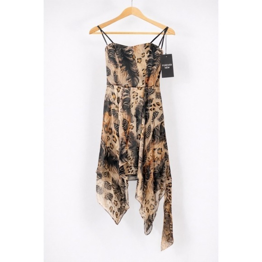 Forever New Briella Silk Strapless Hanky Hem Animal Feather Print Dress Size 8